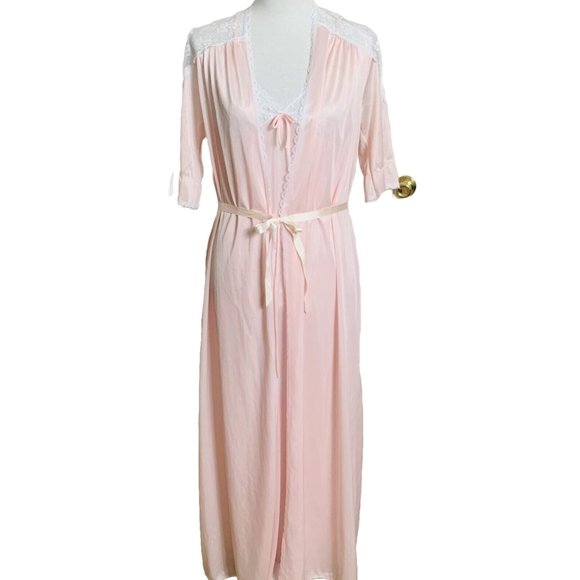 VTG Paramount Retro 70s Nightgown Robe Size S Pink Nylon Lace Hollywood Regency - Picture 1 of 15